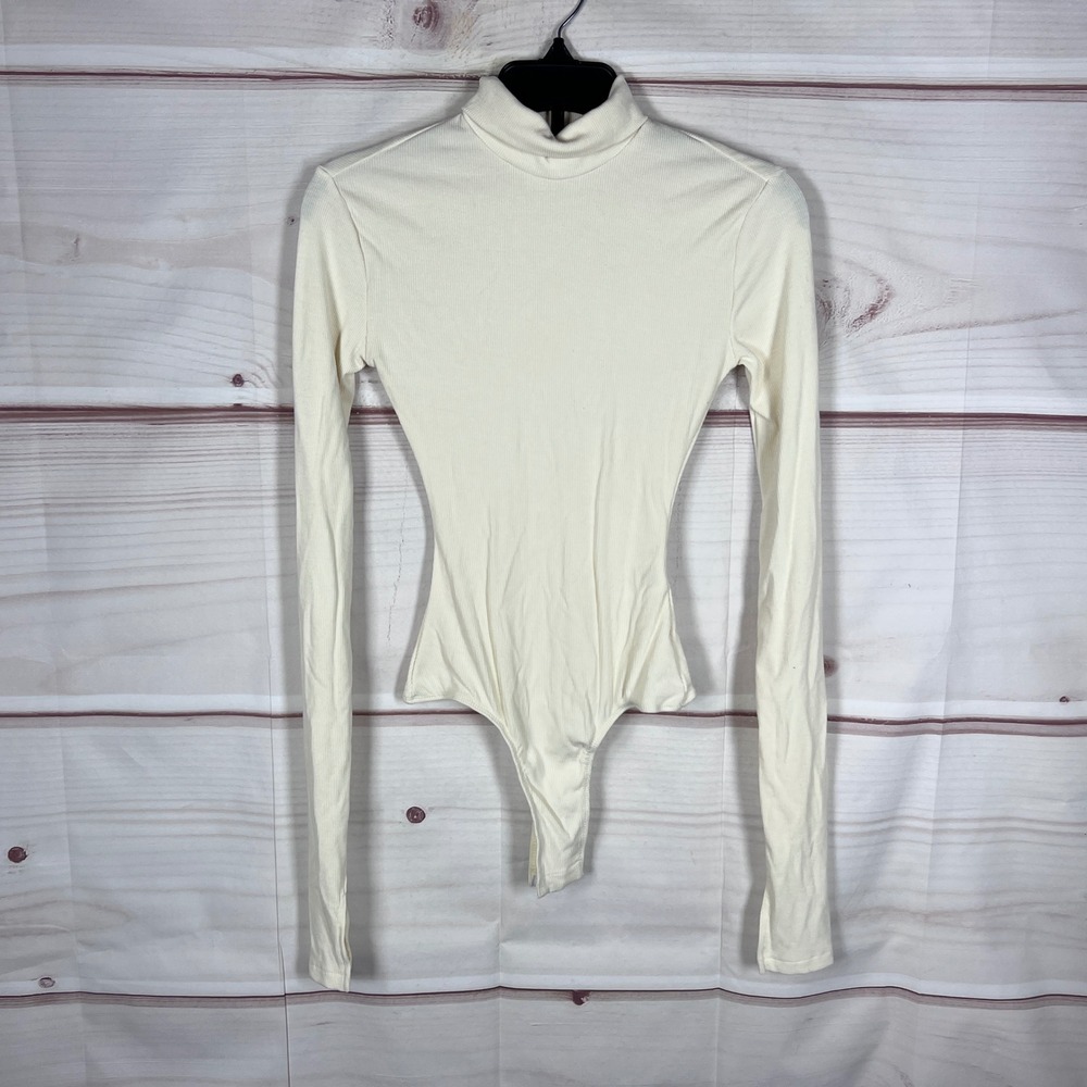 WeWoreWhat Bodysuit Top Women XS Ivory Ribbed Long Sleeve Mock Neck Thong Basics